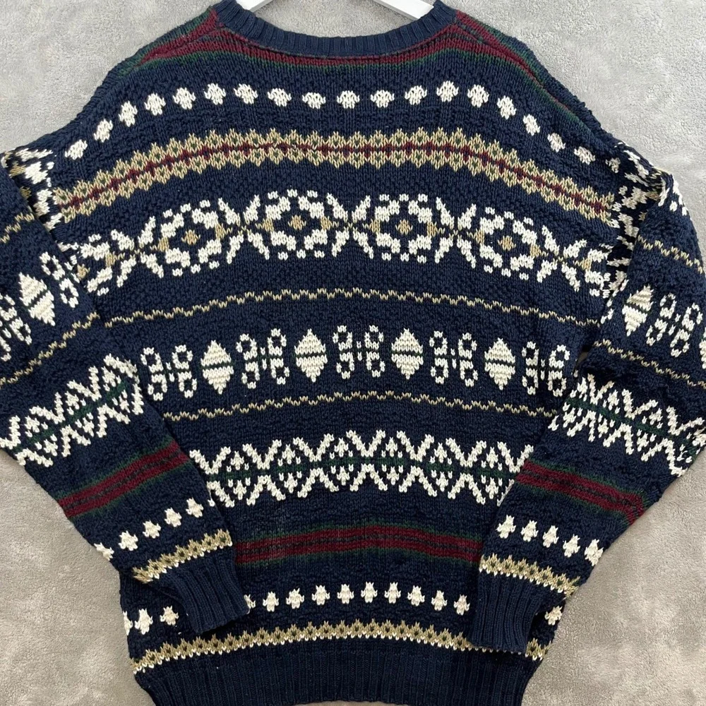 Vtg American Portrait‎ Mens Knit Sweater M Nordic Blue Fair Isle USA Cotton